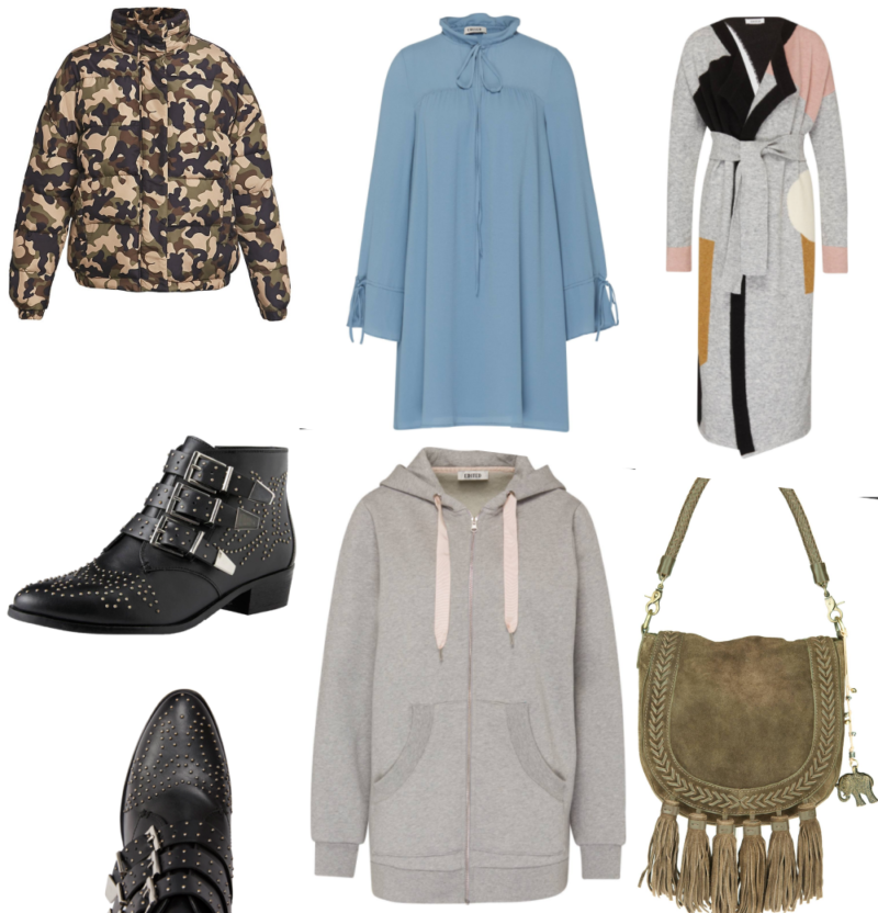 fall favourites, camouflage jacke, jeanskleid, grauer mantel, cloe boots, graue kapuzenjacke, umhängetasche fransen